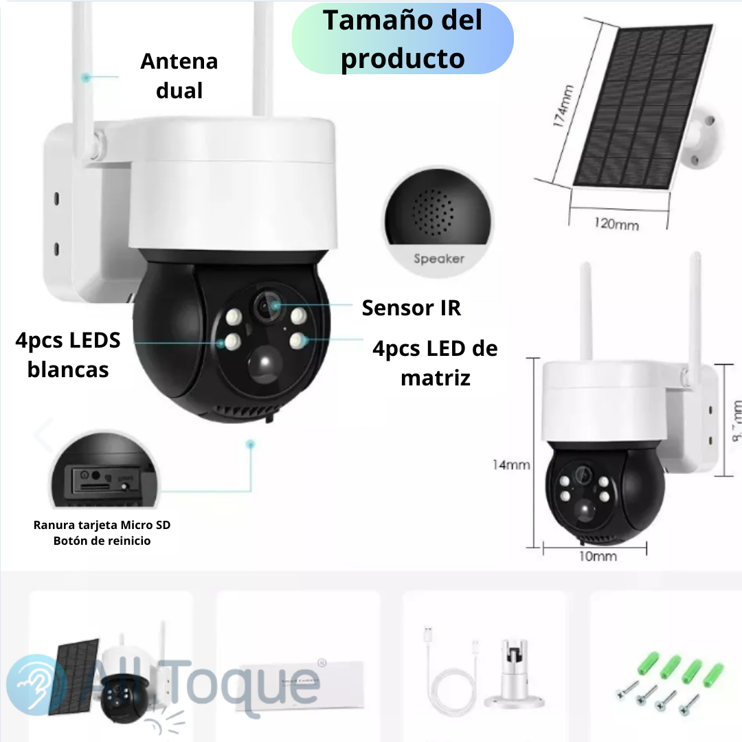 La cámara tiene antena dual, sensor IR, 4pcs LED de matriz, 4pcs LEDS blancas, ranura tarjeta micro SD, botón de reinicio.
